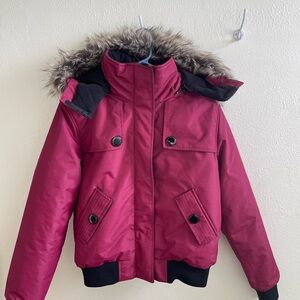 Noize Burgundy Puffer Jacket with Faux Fur Trim